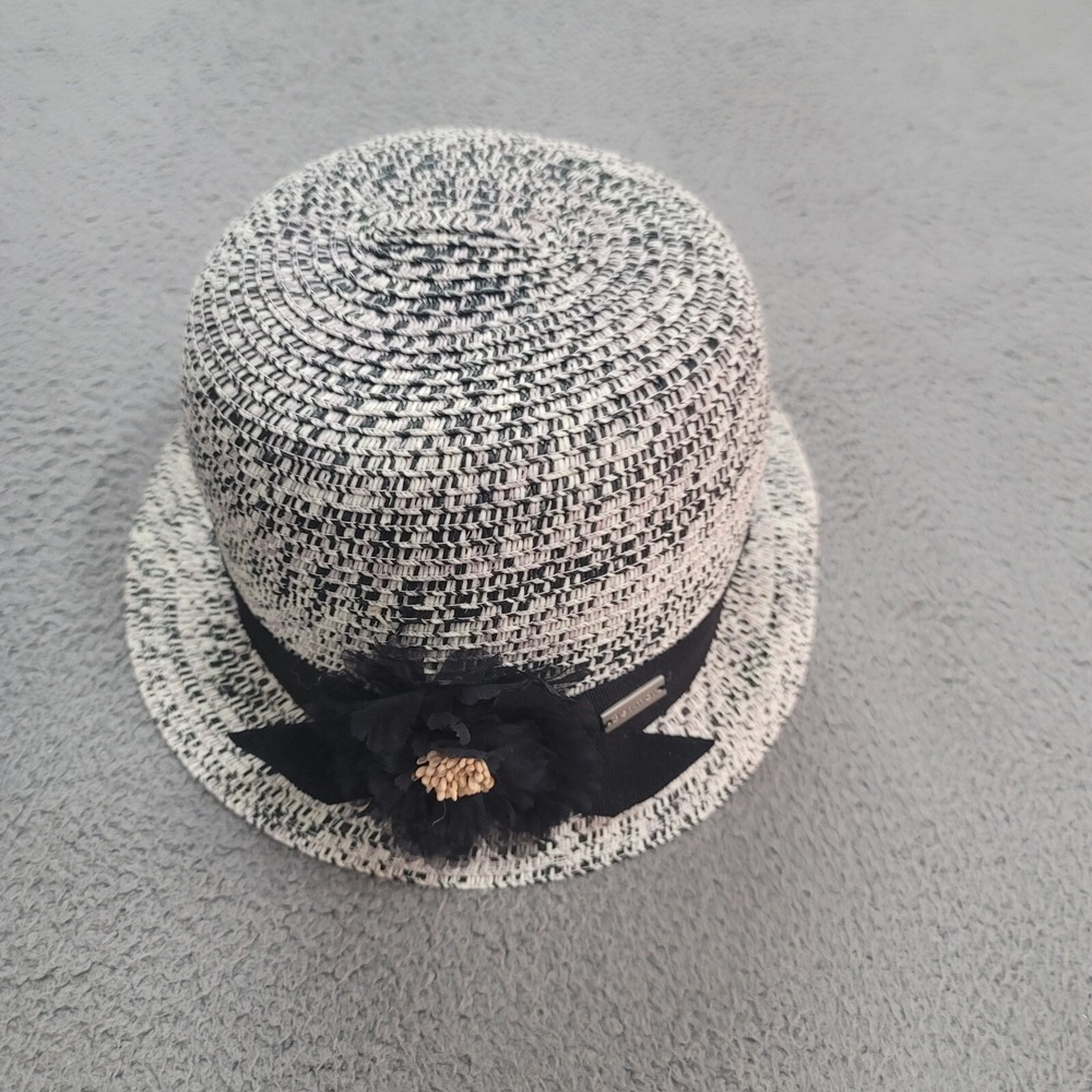 Betmar New York Cloche Hat Gray Black Woven Ribbon Flower B1434H One Size